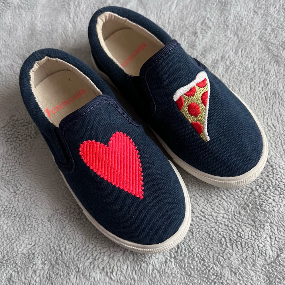 Crewcuts J. Crew Toddler Slip On Sneaker Shoe Embroidered Heart Pizza Navy Blue